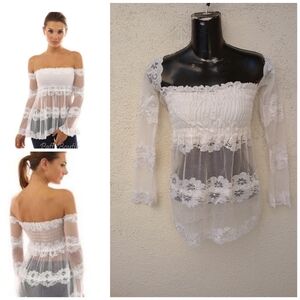 Lace Off Shoulder Top Sheer Summer Party Vacation Boho Coastal Sexy Streetwear